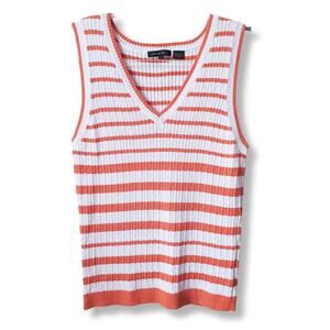 Y2K White Orange Stripe Cable Knit Sweater Vest L Tennis Preppy Yacht Cleancore